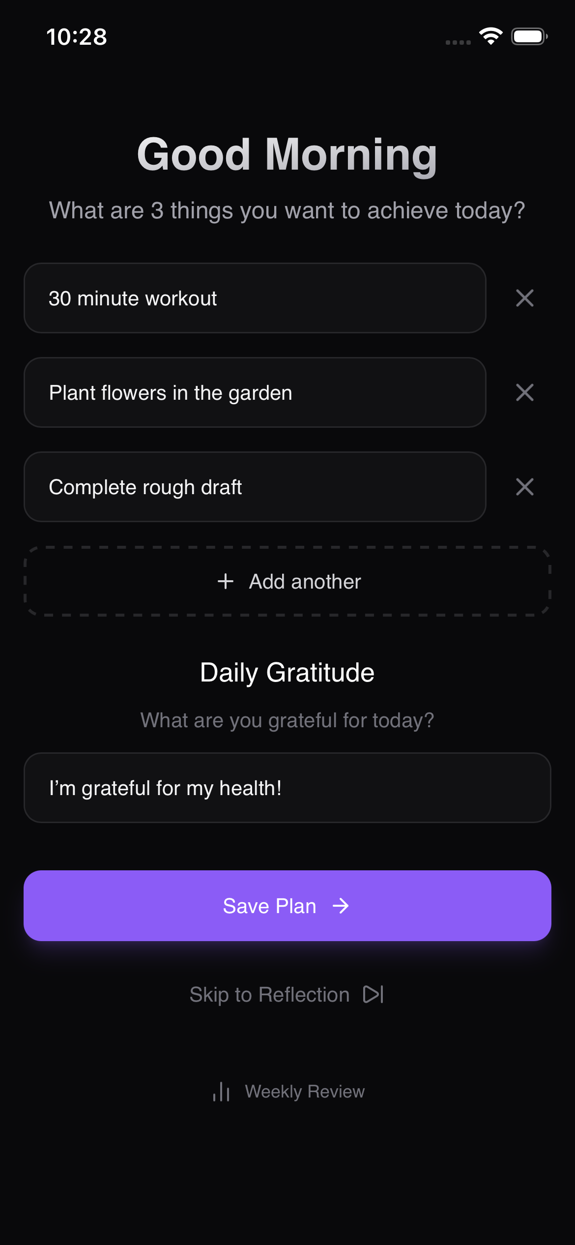 Daywise morning planning screen